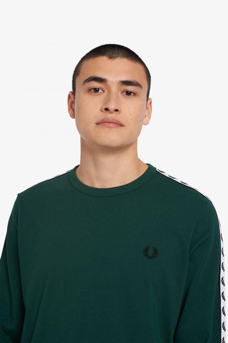 Dark Green Fred Perry Taped Long Sleeve Men's T Shirts | PH 1776ILHS